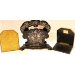 A Victorian lacquered gilt and mother of pearl letter rack and a pair of folding bookends. P&P Group