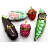 Four Limoges fruit and vegetable ceramic trinket boxes and a rectangular example. P&P Group 2 (£18+