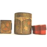 Russian? paper mache lidded cylindrical box with maple leaf decoration a matching match box holder