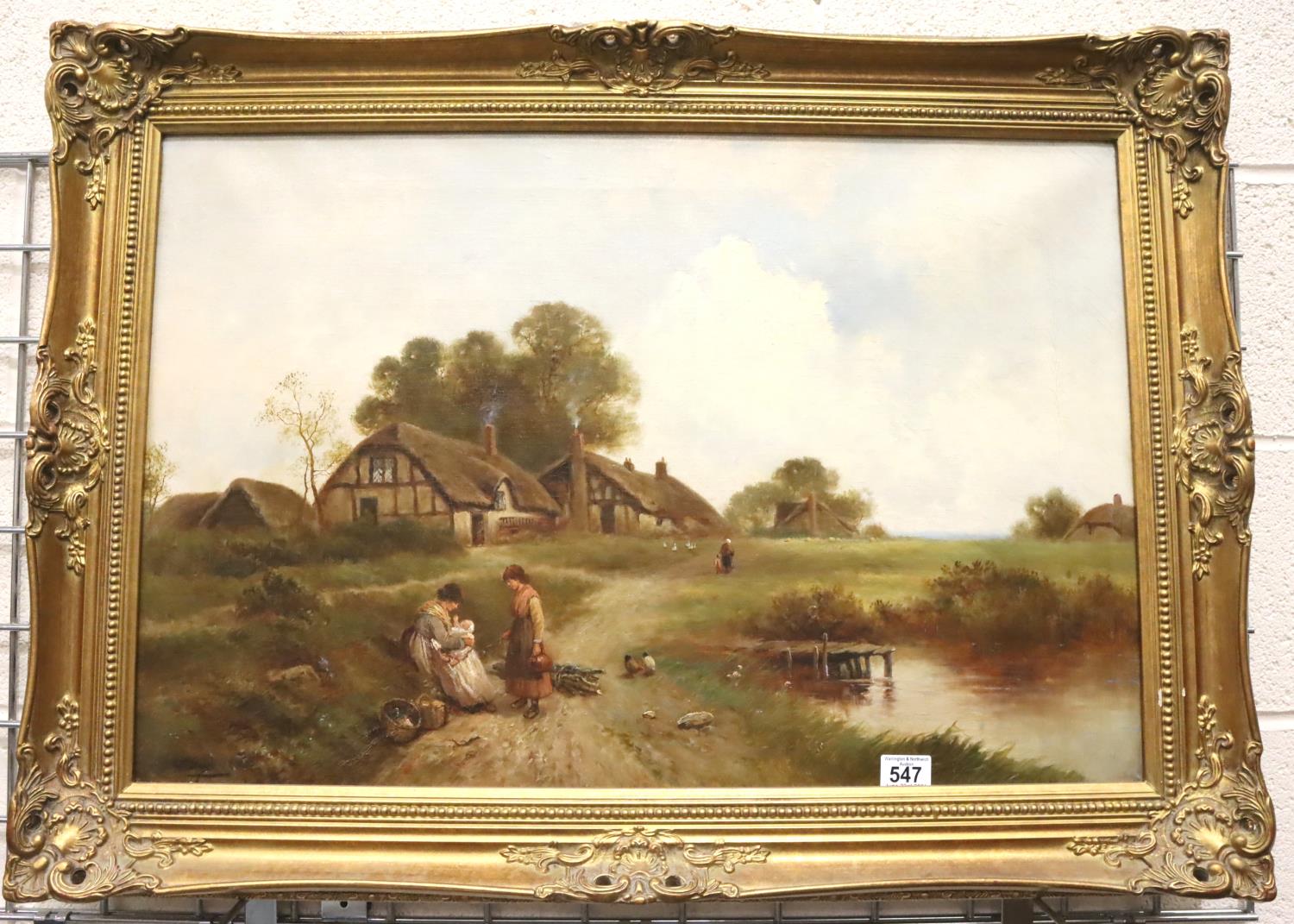 Gilt framed oil on canvas of a cottage scene, signed B Davis, 50 x 80 cm. Not available for in-house - Image 2 of 3