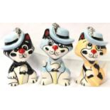 Lorna Bailey Three Musketeer cats, largest H: 13 cm. P&P Group 2 (£18+VAT for the first lot and £3+
