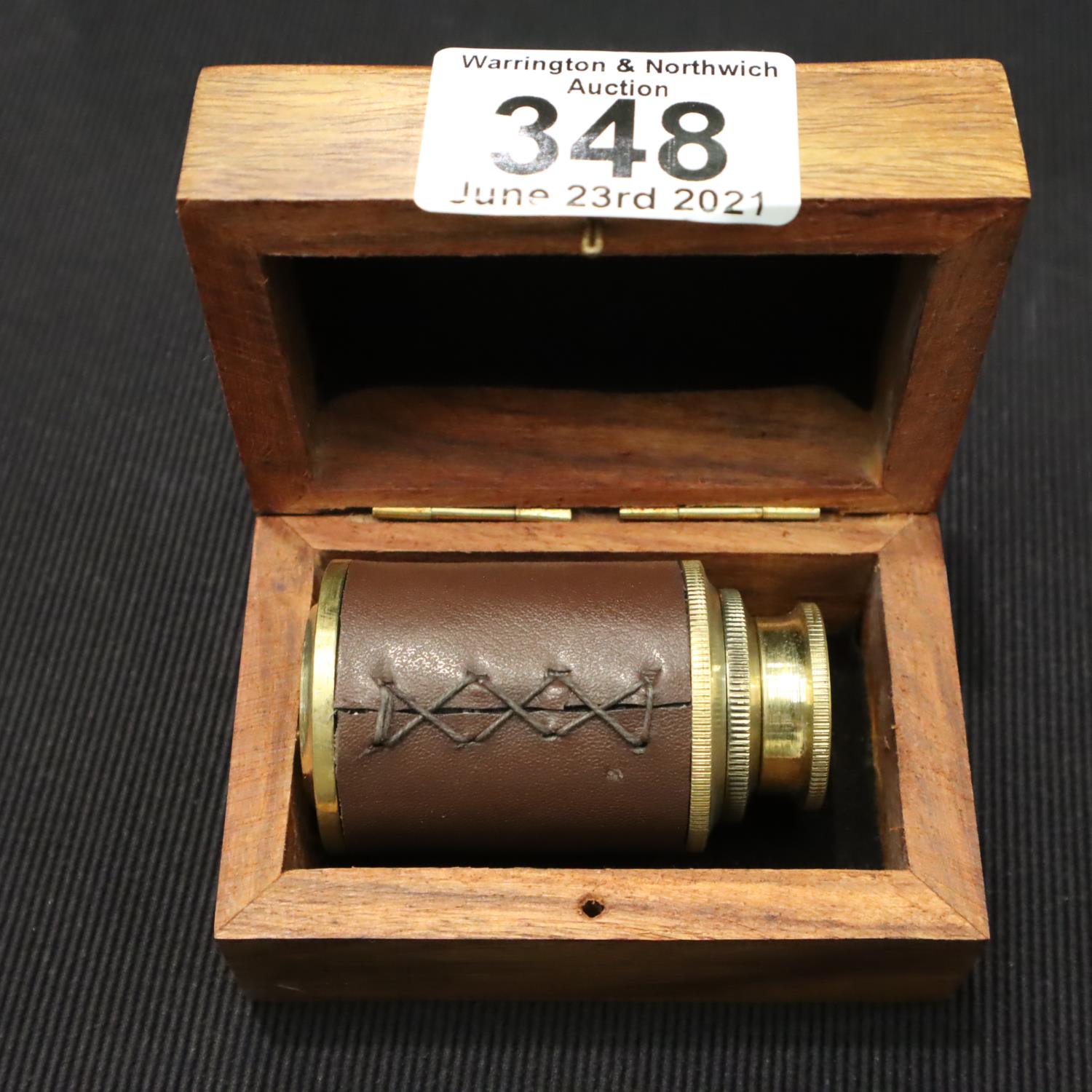 Boxed small brass and leather two draw telescope, extended, L: 10 cm. P&P Group 1 (£14+VAT for the - Image 3 of 3