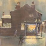 TOM BROWN (1933-2017, Salford) pastel Corner Shop On a Rainy Night, 35 x 23 cm, signed to lower