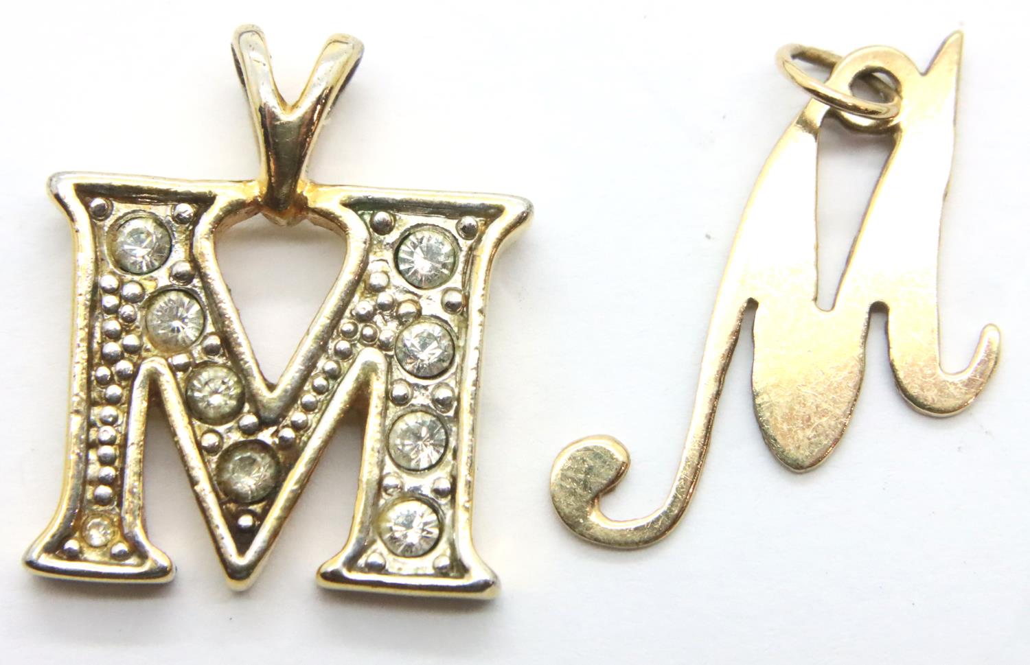 9ct gold letter M pendant, a further stone-set letter M pendant and a bracelet. P&P Group 1 (£14+VAT - Image 2 of 3