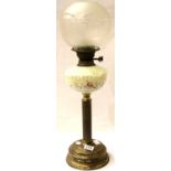 Victorian brass oil lamp with milk glass reservoir and etched glass shade, overall H: 72 cm. Not