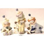Three Lladro clown figurines, largest H: 15 cm. P&P, contact Paul O'Hea at Mailboxes on 01925 659133