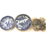 Two Chinese blue and white shallow bowls, one with hairline crack, D: 11 and 12 cm, and a