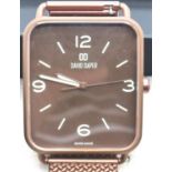 David Daper boxed as-new gents wristwatch on a copper coloured mesh bracelet. P&P Group 1 (£14+VAT