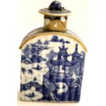 A 19th century ceramic Chinese flask, decorated in blue-over-white designs with pagodas, repaired