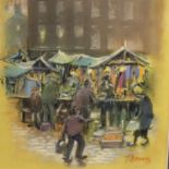 TOM BROWN (1933-2017, Salford) pastel of northern street market, 28 x 20 cm, signed to lower