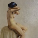 An unattributed Early 20th Century oil on canvas, seated nude, 51 x 76 cm, unsigned. Not available