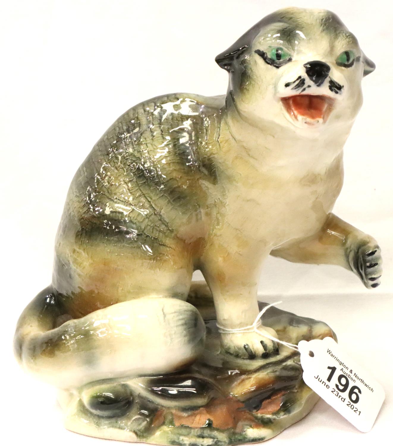 19th Century Staffordshire style cat, H: 22 cm. P&P Group 2 (£18+VAT for the first lot and £3+VAT