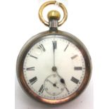 Swiss gun metal cased pocket watch, general lever movement, damage to enamel, dial D: 36 mm. P&P