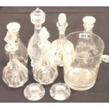 Mixed glass decanters including crystal and a glass champagne bucket, largest example to measure