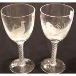 Robert Ellison (Meadows Glass) pair of Zinfandel glasses, each with double-helix air twist stems,