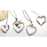 Four silver heart necklaces, two stone set. P&P Group 1 (£14+VAT for the first lot and £1+VAT for