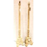 Pair of contemporary carved pine standard lamps, each H: 120 cm, (excluding fittings). Not available