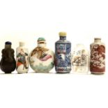 Four ceramic, one glass and one soapstone / jade Chinese snuff bottles (6). P&P Group 2 (£18+VAT for