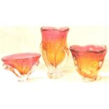 Three heavy art glass vases, largest H: 27 cm. Not available for in-house P&P, contact Paul O'Hea at
