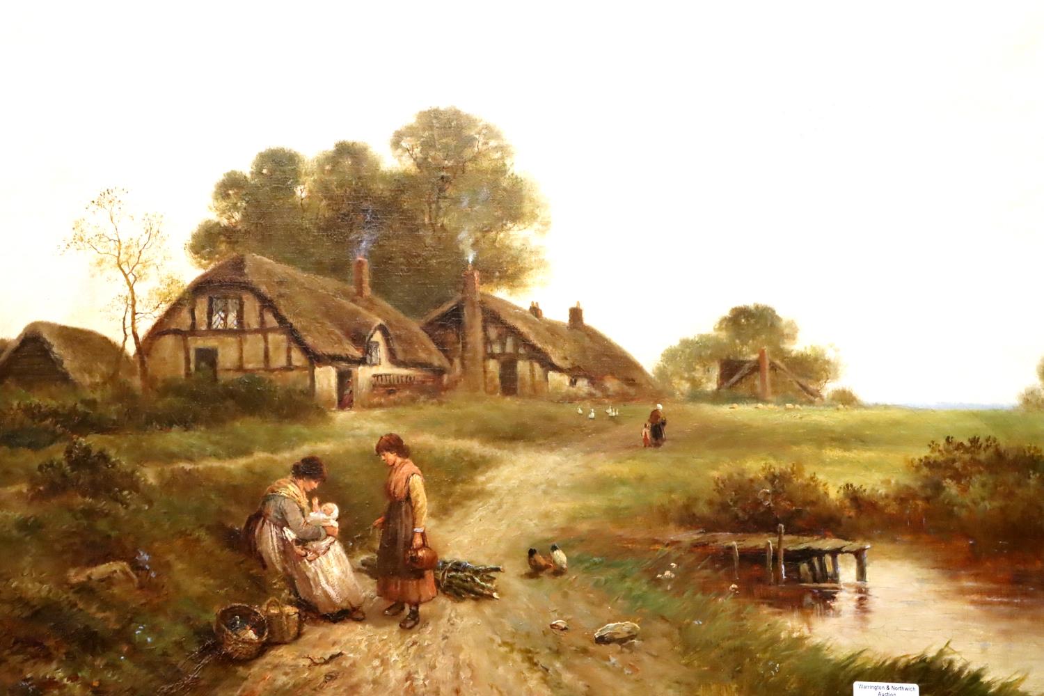 Gilt framed oil on canvas of a cottage scene, signed B Davis, 50 x 80 cm. Not available for in-house