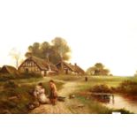 Gilt framed oil on canvas of a cottage scene, signed B Davis, 50 x 80 cm. Not available for in-house