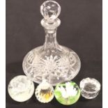 Caithness and other glass paperweights and a ships decanter. P&P, contact Paul O'Hea at Mailboxes on