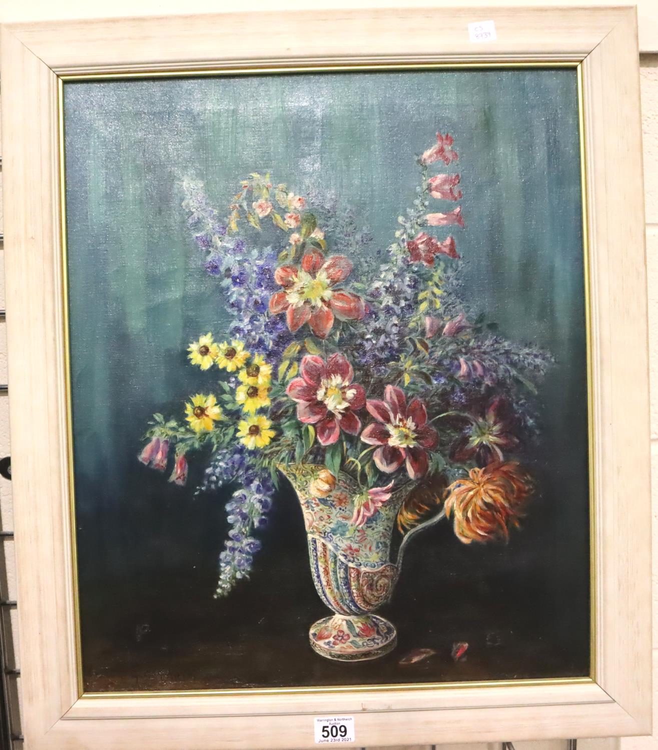 LADY ENID DE CHAIR (Australian, 1878-1965), oil on canvas of a traditional floral display in - Image 2 of 3