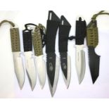 Seven knives with string grips and canvas sheath. P&P Group 2 (£18+VAT for the first lot and £3+