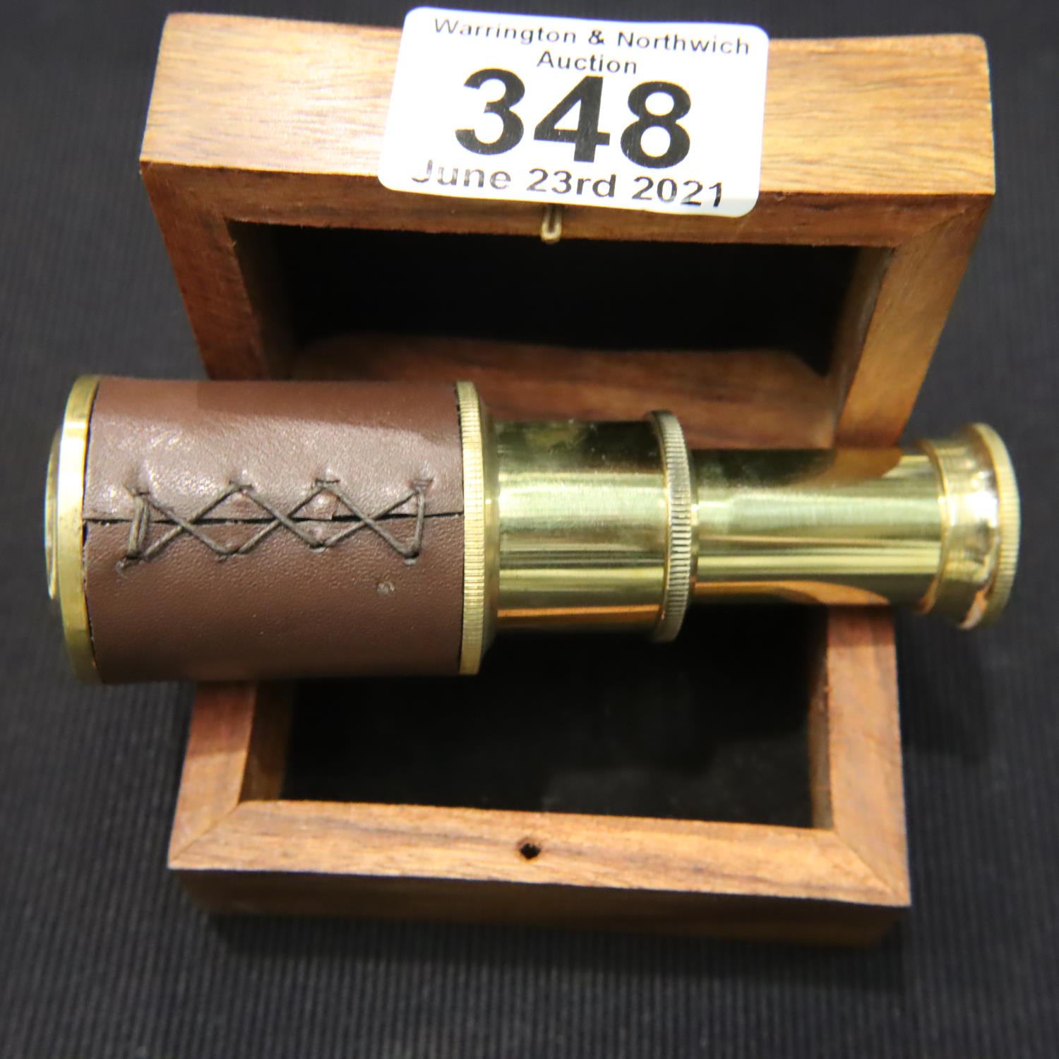 Boxed small brass and leather two draw telescope, extended, L: 10 cm. P&P Group 1 (£14+VAT for the - Image 2 of 3