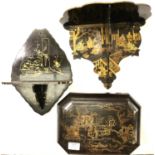 Two early 20th century Oriental lacquered folding wall brackets and a lacquered casket. P&P Group