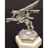 Car bonnet mascot; Unknown origin, man on a winged horse, H: 18 cm. P&P Group 2 (£18+VAT for the