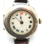 925 silver cased trench style wristwatch on brown leather strap, not working at lotting. P&P Group 1