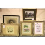 Four contemporary gilt framed embroidered pictures and an early photographic portrait. Not available