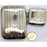 Hallmarked silver Art Deco cigarette case and vesta case, each Birmingham assay and bearing initials