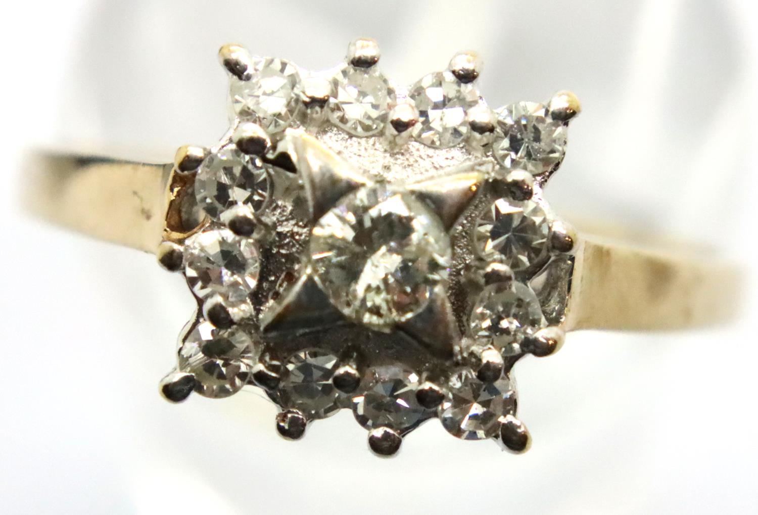 9ct gold diamond set cluster dress ring, size P. P&P Group 1 (£14+VAT for the first lot and £1+VAT