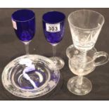 19th and 20th century glass, including an etched bottle coaster, pair of etched blue wine glasses,