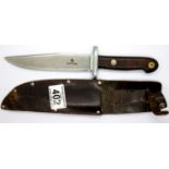 Vintage Sheffield sheath knife, blade L: 15 cm in leather sheath. P&P Group 2 (£18+VAT for the first