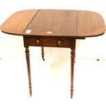 George III sofa table of inlaid and crossbanded mahogany and of small proportions, single drawer and