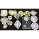 Wedgwood Jasperware, fifteen pieces in blue and green including a box limited edition Queen Mother