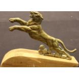 Car bonnet mascot; Unknown origin bronze leaping lioness, L: 23 cm. P&P Group 2 (£18+VAT for the