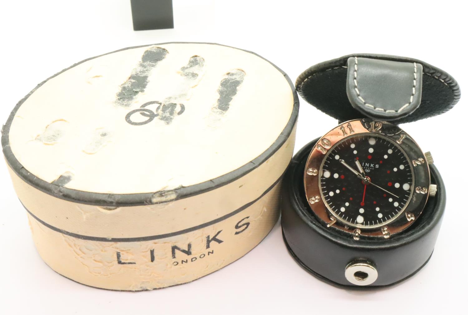 Boxed Links of London travel clock in a stitched leather case, D: 30 mm. P&P Group 1 (£14+VAT for - Image 3 of 3