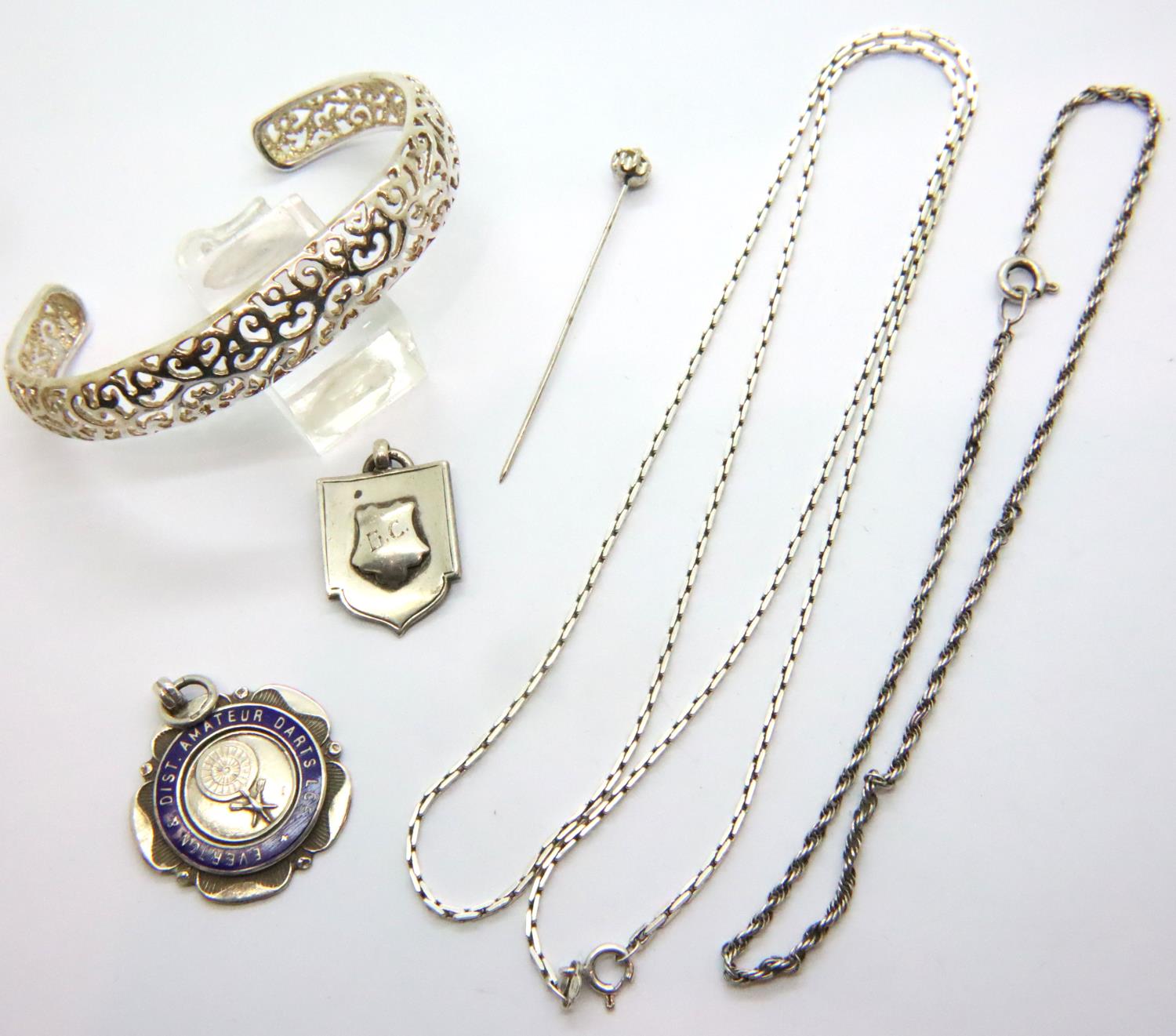 Two silver neck chains, two silver fobs, bangle and pin brooch. P&P Group 1 (£14+VAT for the first