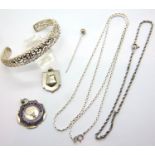 Two silver neck chains, two silver fobs, bangle and pin brooch. P&P Group 1 (£14+VAT for the first