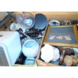 Two boxes of mixed household items to include ceramics, lamps and an arctic air fan. Not available
