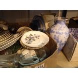 A box of mixed glass and ceramics to include a Beresford tea set and smaller box of makeup utensils.