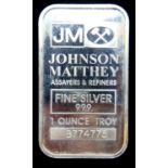 Johnson Matthey one-ounce troy fine silver bullion ingot numbered B774775. P&P Group 1 (£14+VAT