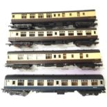 Four Lima unboxed coaches, BR chocolate/cream, x3, blue/grey x1. P&P Group 2 (£18+VAT for the