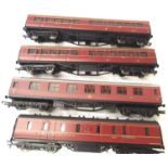 Four LMS maroon coaches; Hornby x3, Bachmann x1. P&P Group 2 (£18+VAT for the first lot and £3+VAT