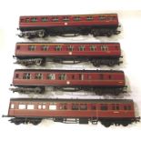 Four Hornby BR maroon coaches; MK1 x3 and an Autocoach (damaged coupling). P&P Group 2 (£18+VAT