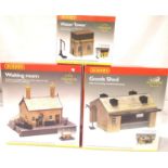 Three Hornby plastic buildings; R8003 water tower, R8002 goods shed, R8001 waiting room. P&P Group 1